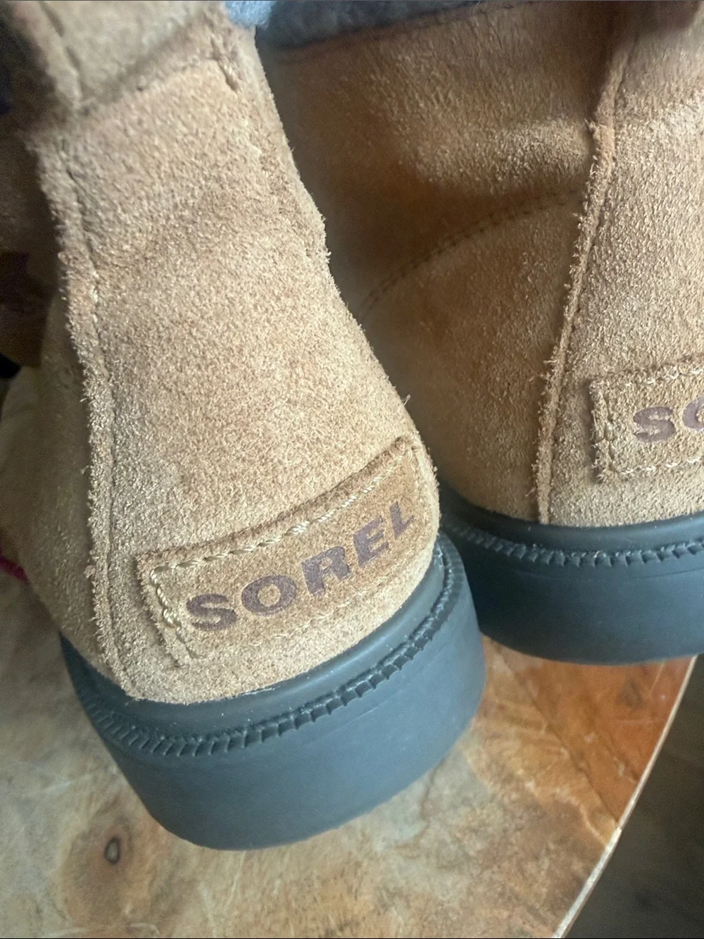 Sorel Tan Suede Ankle Boots with Red Laces